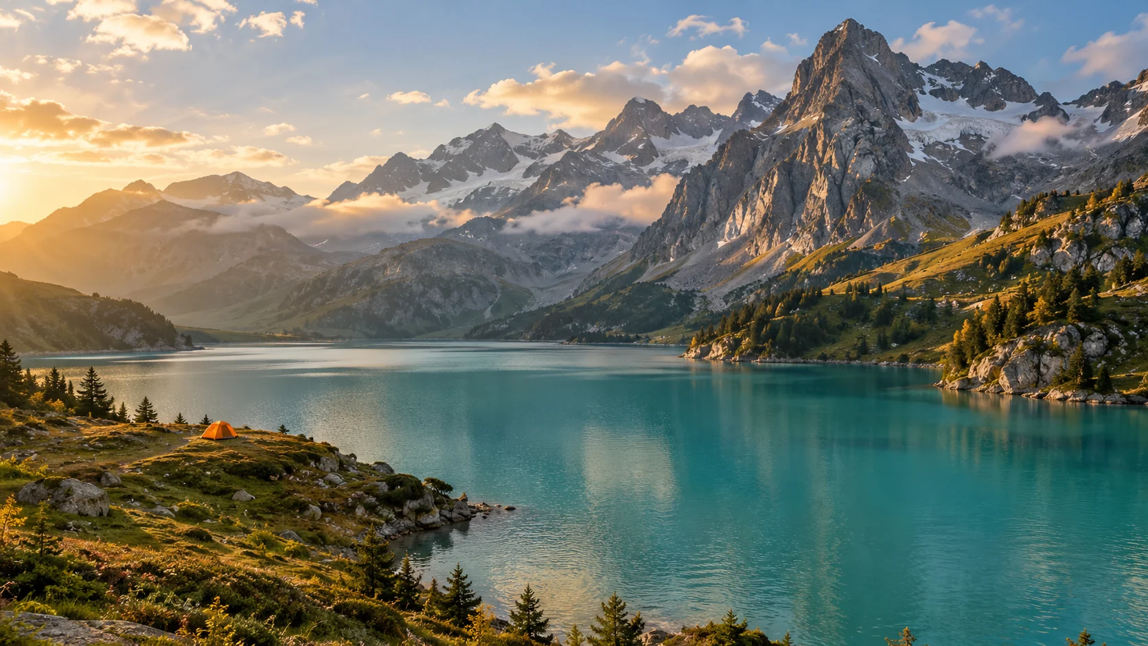 Golden light falling across a quiet alpine lake